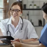 Junge Ärztin im Gespräch während der Weiterbildung zur Allgemeinmedizinerin